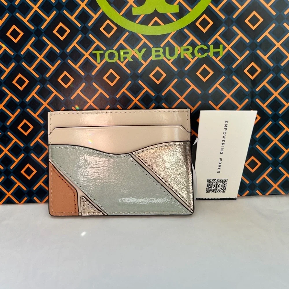 Tory Burch Emerson Color Block Slim Card Case Mint Drop Silver Light Cream